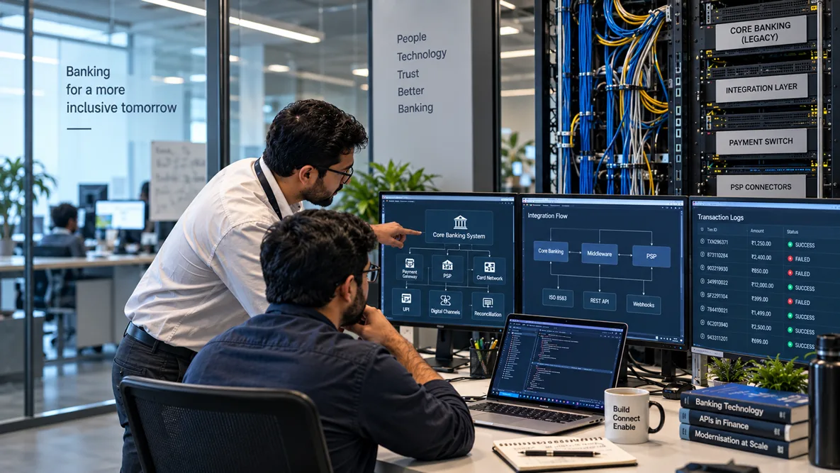 Two engineers reviewing core banking, integration flow and transaction log dashboards beside a server rack