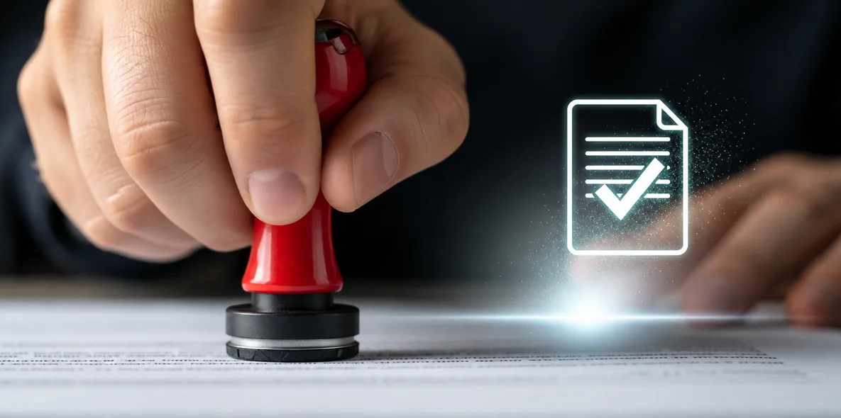 A hand stamping a document beside a glowing certified-document icon
