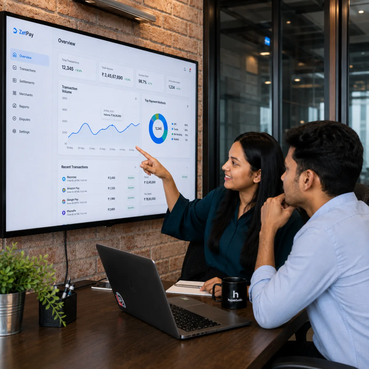 Two Zethic engineers reviewing a payments dashboard on the office wall screen