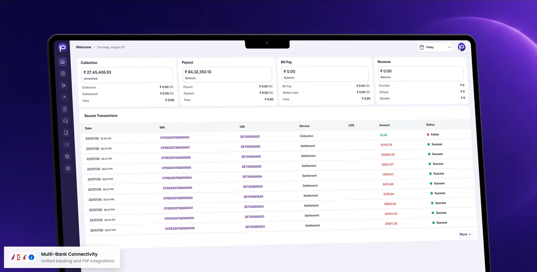 Paywize dashboard showing collection, payout, bill pay and revenue balances with recent transactions