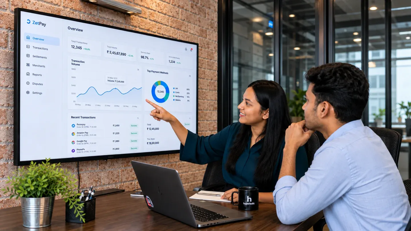 Eine Designerin und ein Entwickler besprechen ein Dashboard am Bildschirm
