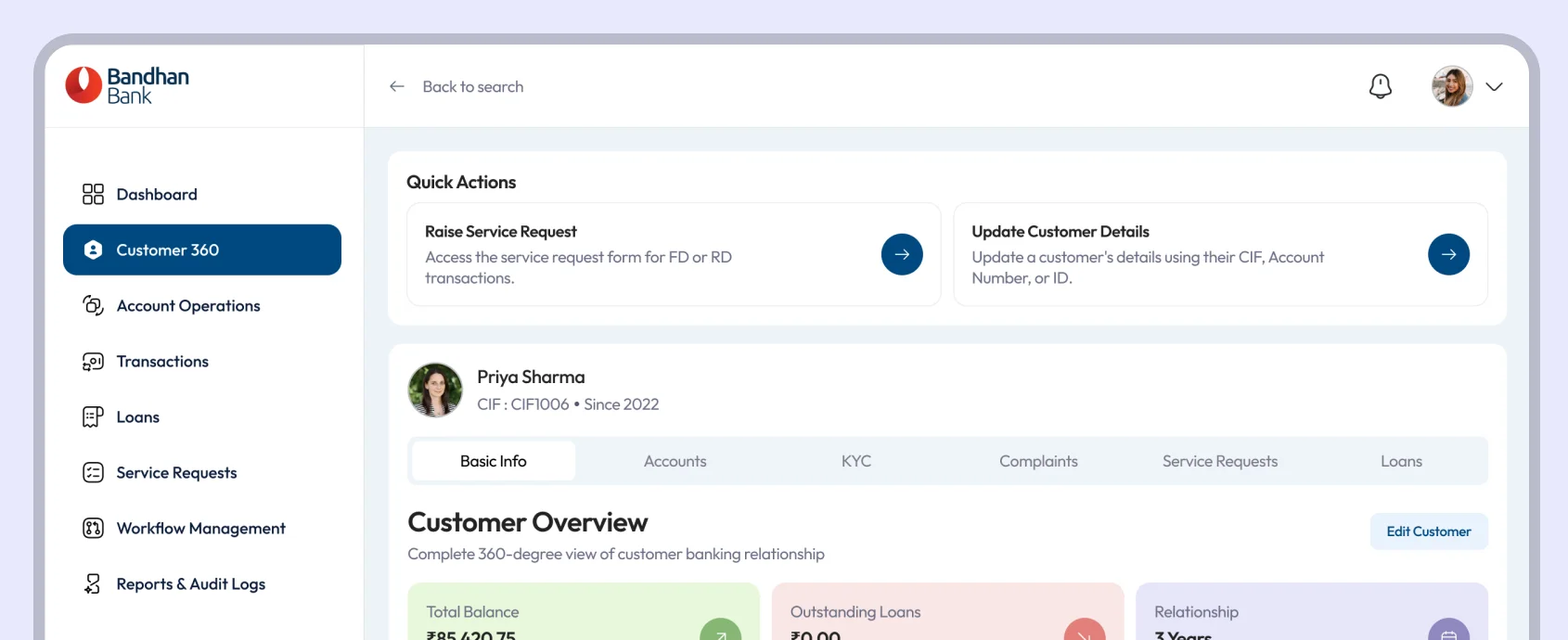 Bandhan Bank Customer 360 screen with quick actions and customer overview