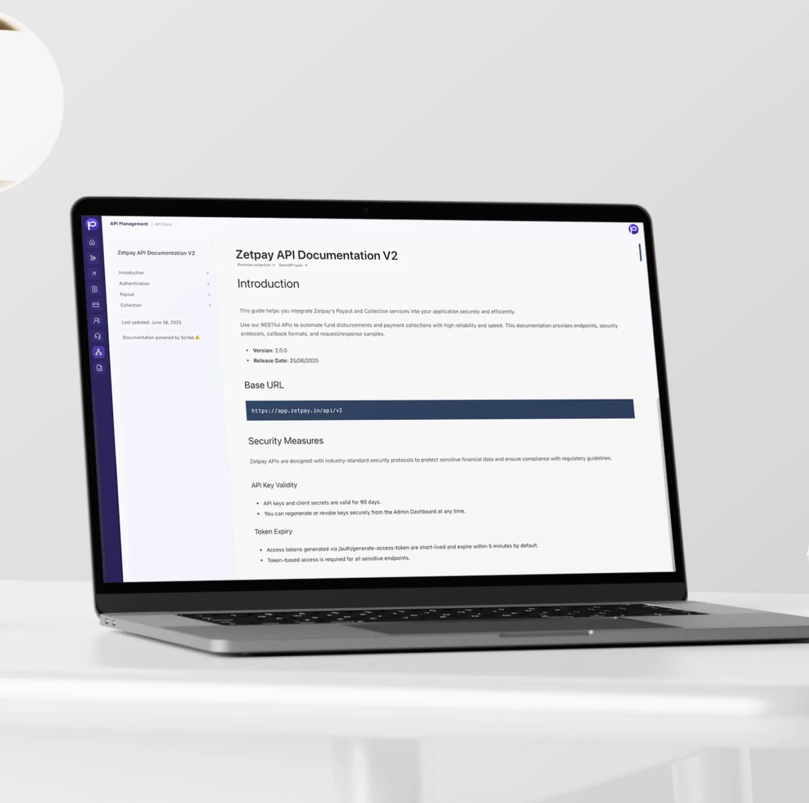 Laptop showing the API documentation for payouts and collections