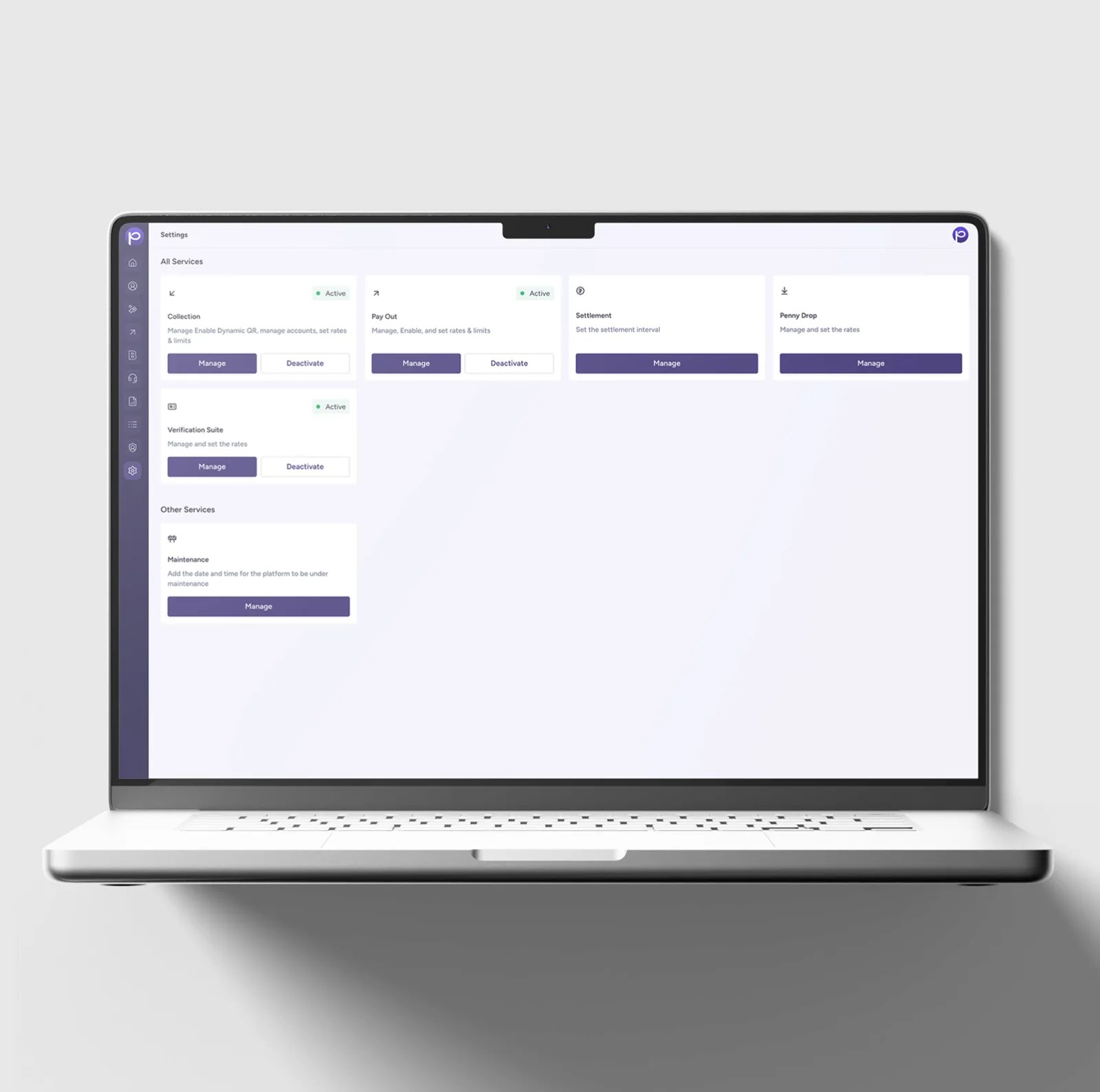 Laptop showing the services settings: collection, payout, settlement and penny drop