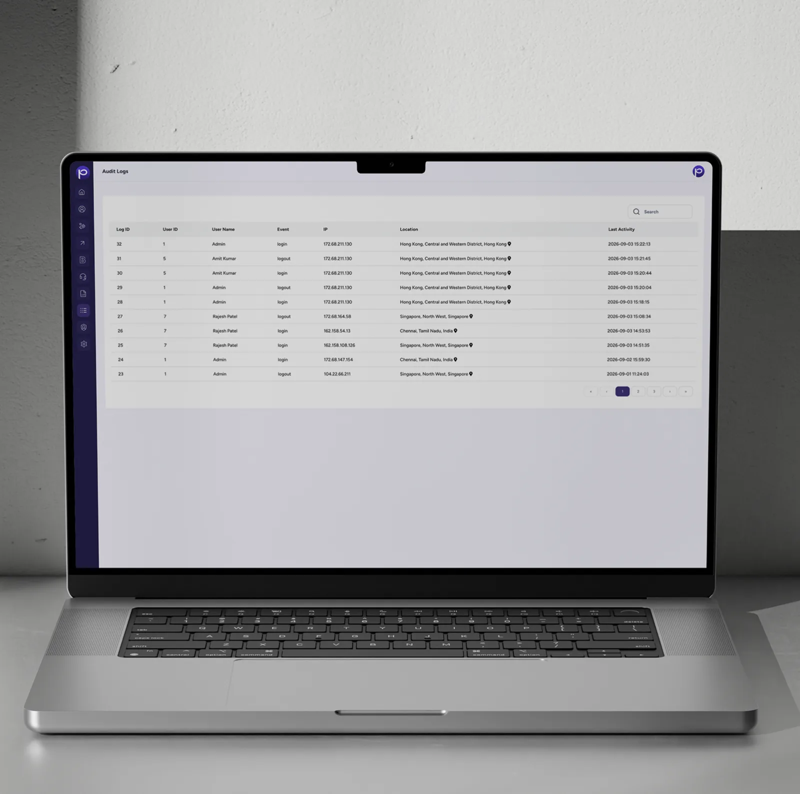 Laptop showing the audit logs screen with login and logout events