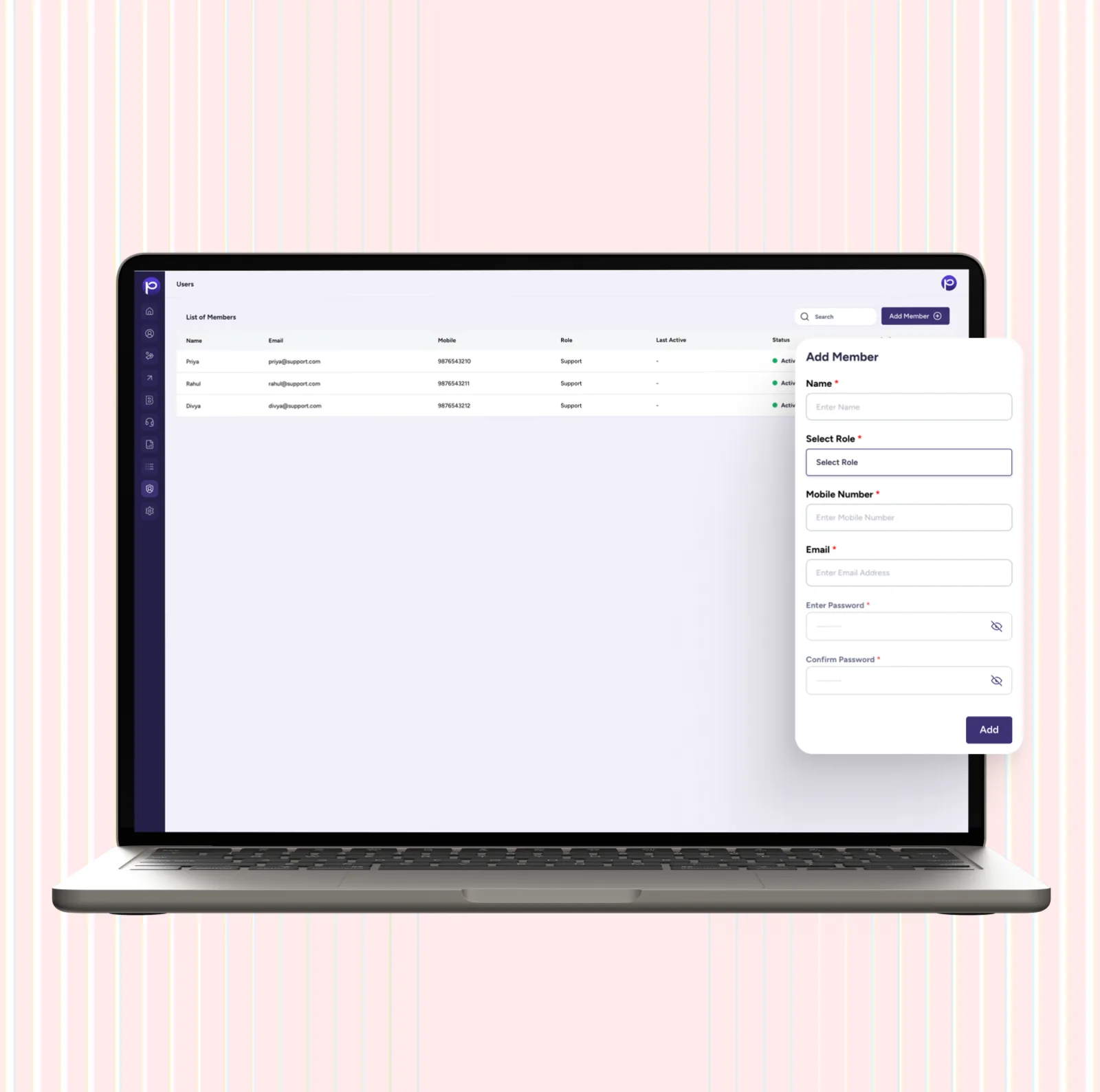 Laptop showing the users list with an add-member form and role selector