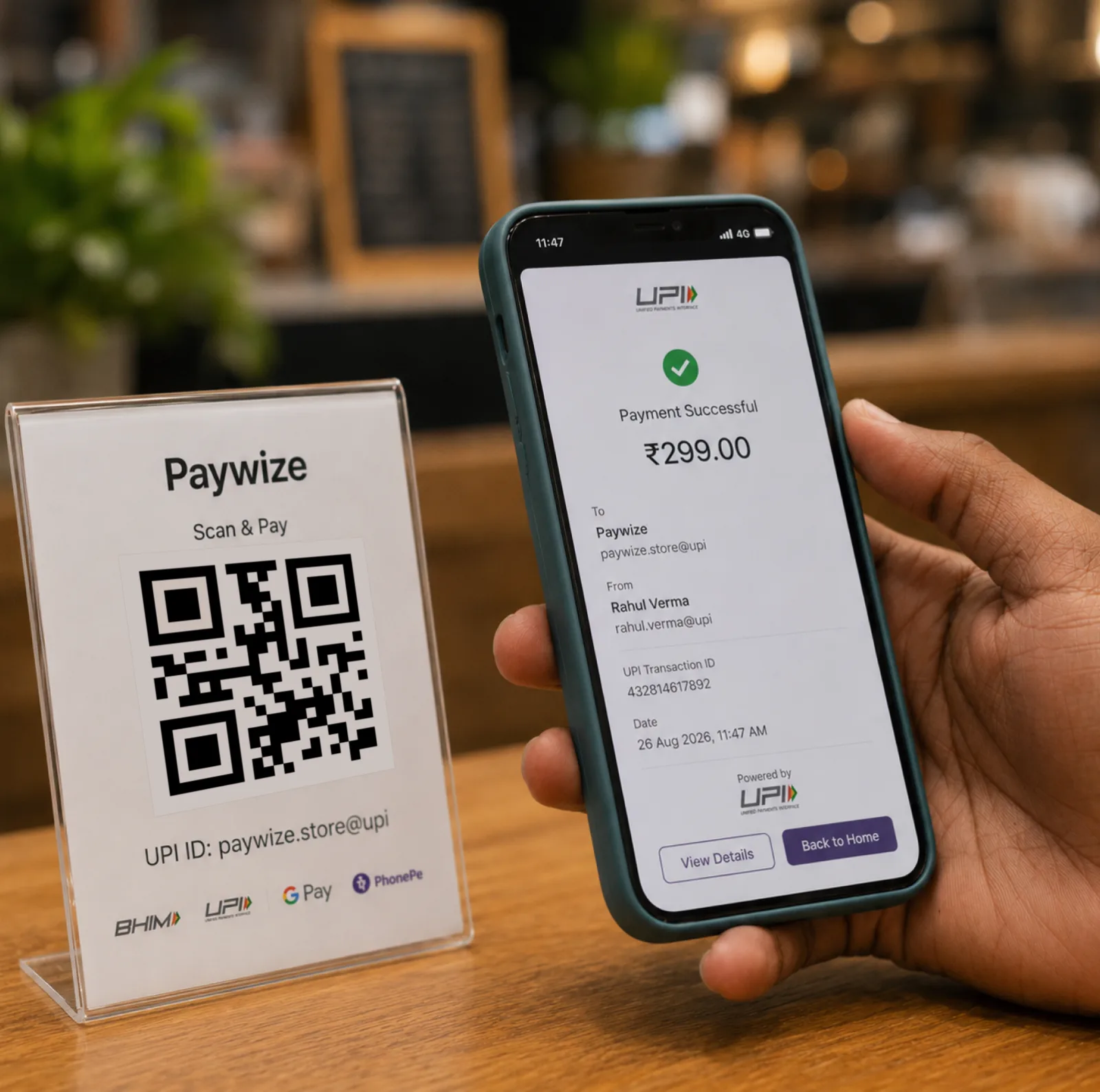A Paywize scan-and-pay QR stand next to a phone showing a successful UPI payment