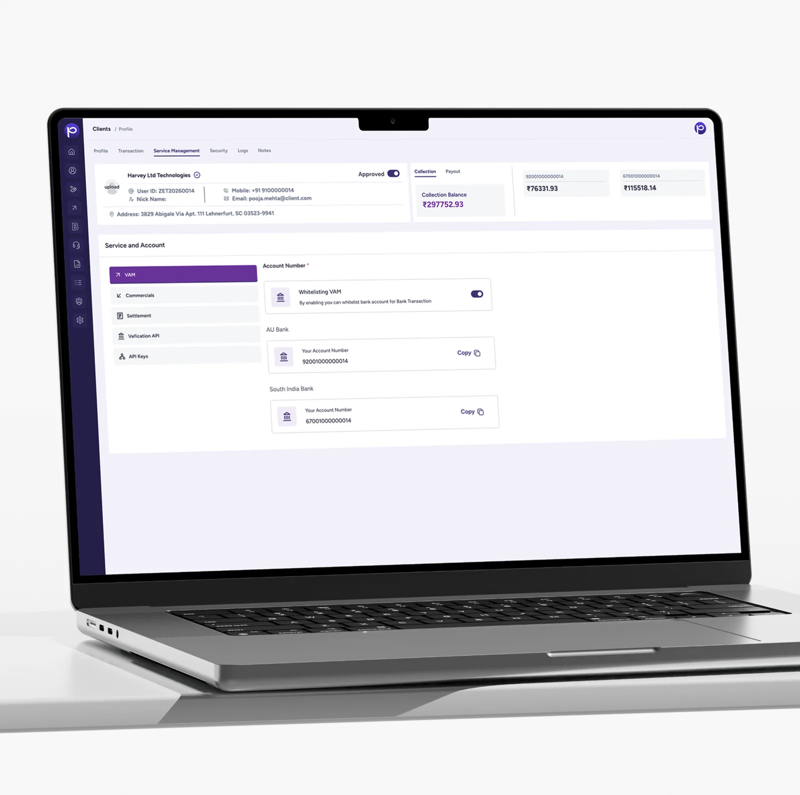Laptop showing service management with virtual account numbers per bank